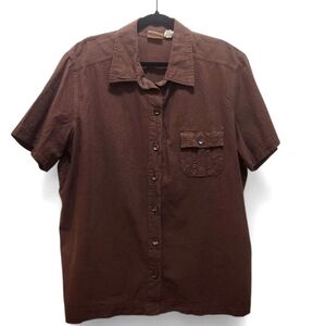 Vintage Erika Woman Plus Sz 2X Brown Camp Utility Short Sleeve Cotton Button Up